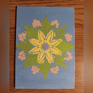 Yellow Flower On Cornflower Blue 5x7 Abstract Floral Canvas Art in Soft Hues